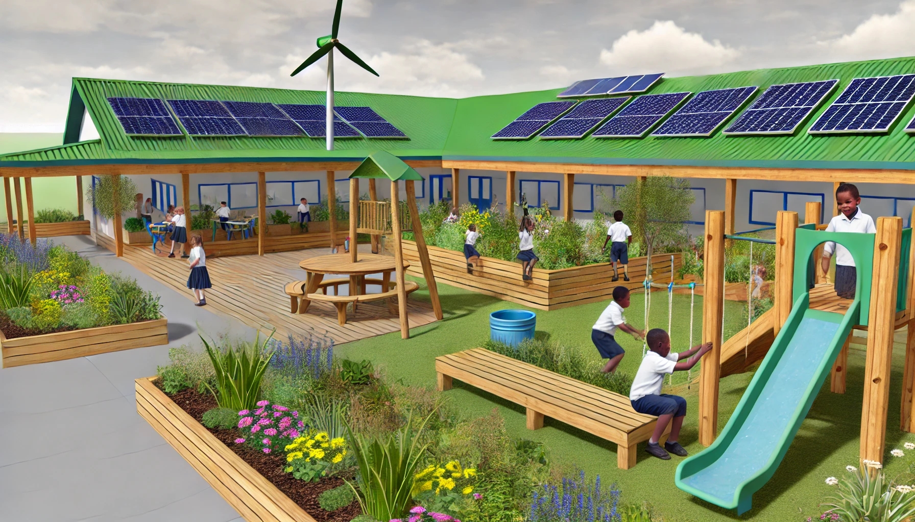 Ein umweltfreundlicher Schulhof mit nachhaltigen Designelementen. Das Gelände umfasst solarbetriebene Sitzbänke, einen kleinen Windgenerator und ein Hauptgebäude mit grünem Dach. Kinder spielen auf Holzspielgeräten, umgeben von einheimischen Pflanzen. Regenwassersysteme sind integriert, um Wasser effizient zu nutzen. Der Ort strahlt Lebendigkeit und Umweltbewusstsein aus.