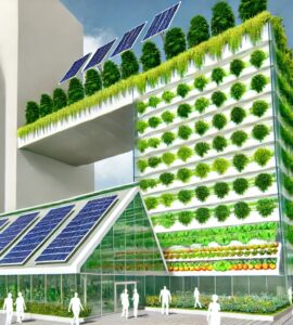 Das Bild zeigt eine moderne Vertikalfarm in einer urbanen Umgebung. Das Gebäude ist hoch und mit Glaswänden ausgestattet, die die hydroponischen Gärten im Inneren sichtbar machen. Auf mehreren Etagen wachsen üppige grüne Pflanzen, und Solarzellen auf dem Dach liefern Energie. Menschen bestaunen das innovative Design, das Nachhaltigkeit und moderne Landwirtschaft miteinander verbindet.