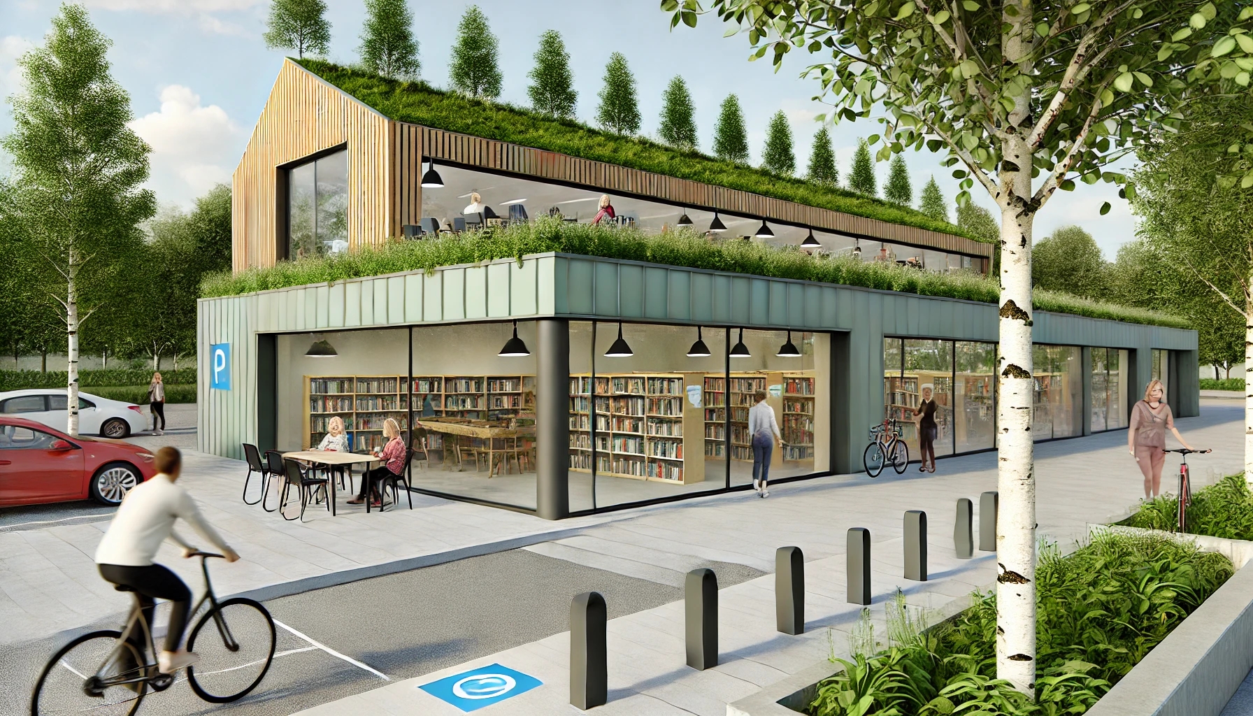 Eine moderne Bibliothek in einer kleinen Stadt, die mit nachhaltiger Architektur beeindruckt. Große Glasfenster geben den Blick auf gemütliche Leseecken frei. Das Gebäude hat ein bepflanztes Gründach und eine Terrasse, die zum Verweilen einlädt. Draußen parken Fahrräder, und Menschen genießen die grüne Umgebung. Die Bibliothek verbindet Natur und Lernen auf elegante Weise.